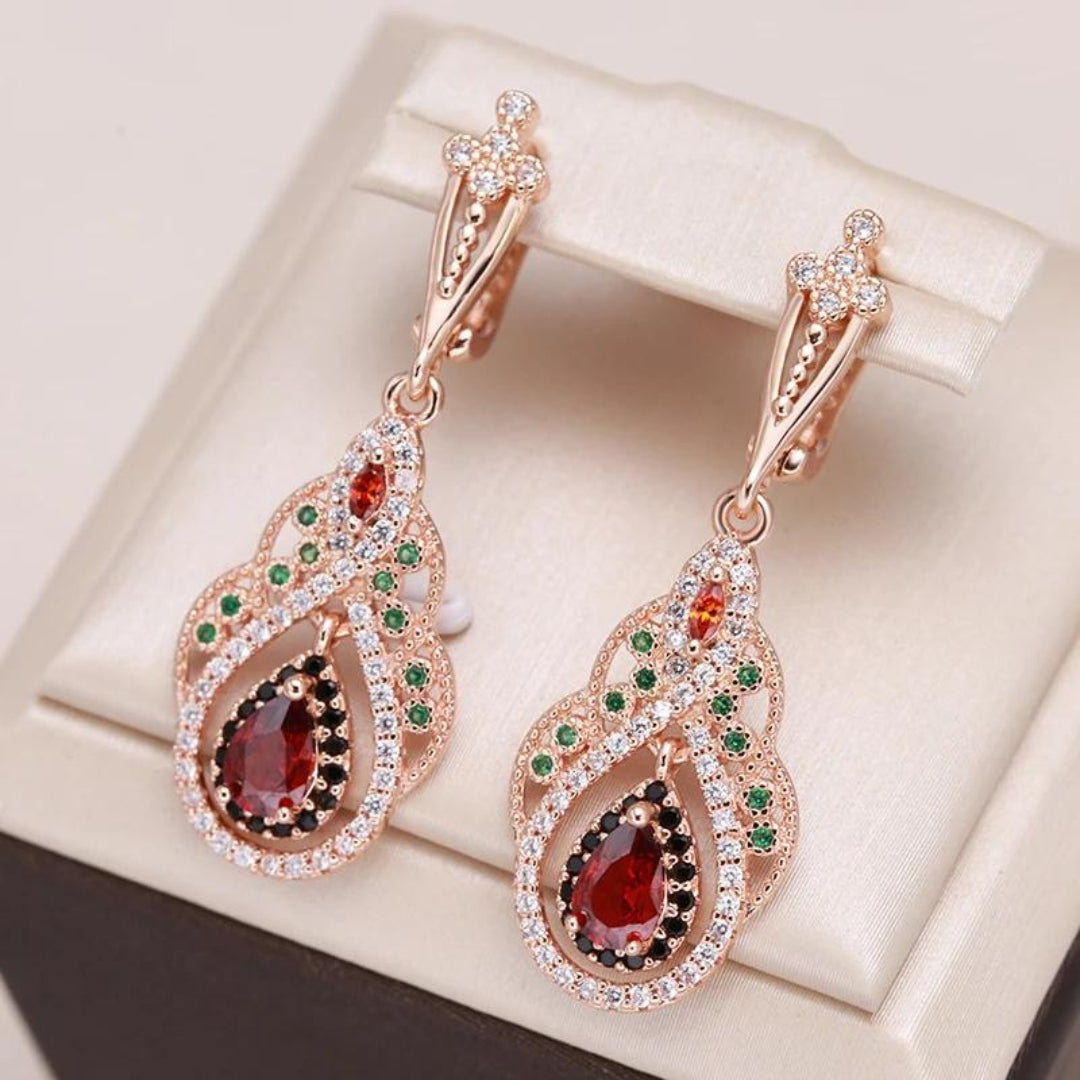 Red Mandala Earrings with Zirconia in Gold - emmy-rae-jewels.com
