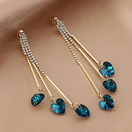 Elegant Blue Crystal Heart Rain Earrings - emmy-rae-jewels.com