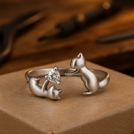 Playful Sterling Silver Cat Adjustable Ring with Zirconia - emmy-rae-jewels.com