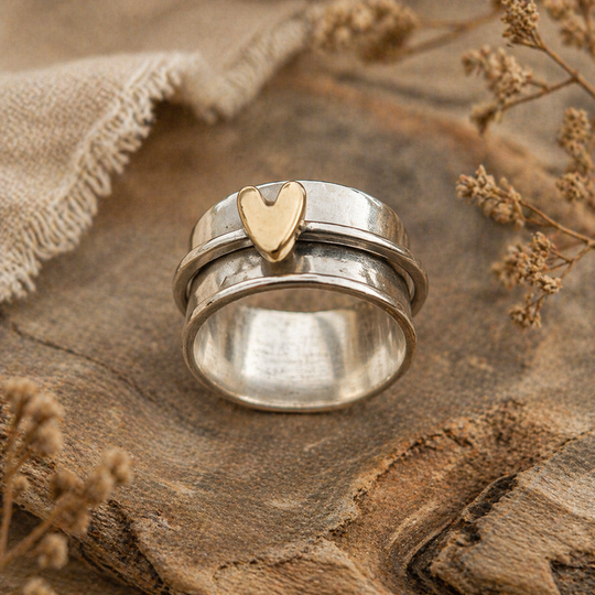 Golden Heart Silver Ring