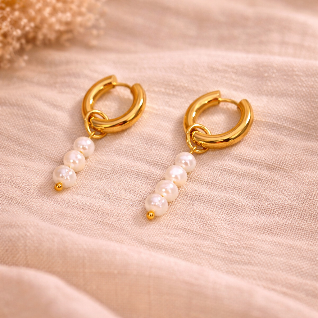 Pearl Cascade: Asymmetric Hoop Dangle Gold Earrings