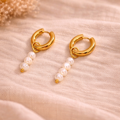 Pearl Cascade: Asymmetric Hoop Dangle Gold Earrings