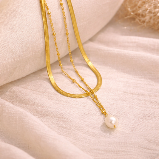 Pure Essence- Pearl Double Layer Gold Necklace