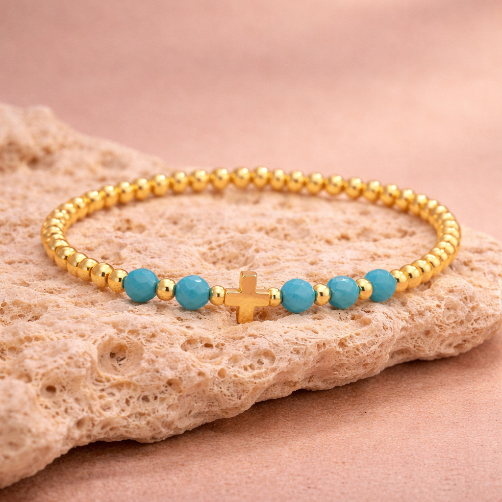 Vintage Turquoise Beaded Cross Charm Bracelet