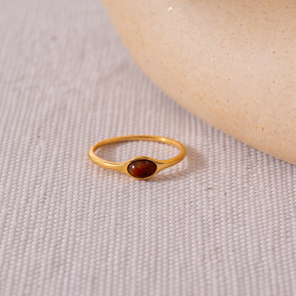 Slim Amber Cabochon Gold Ring