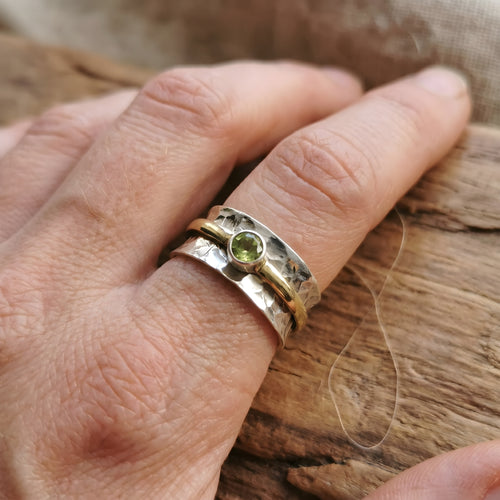 Hammered Silver Gold Peridot Band