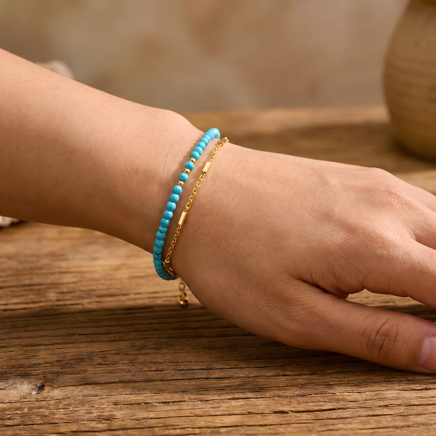 Timeless Gold Double Chain Turquoise Bracelet
