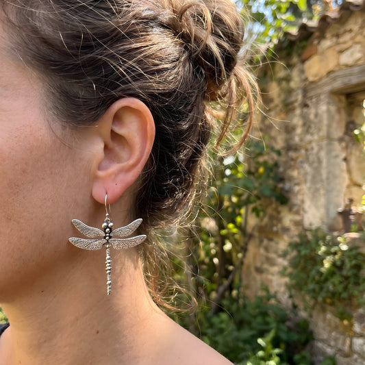 Silver Vintage Dragonfly Carved Pattern Retro Earrings