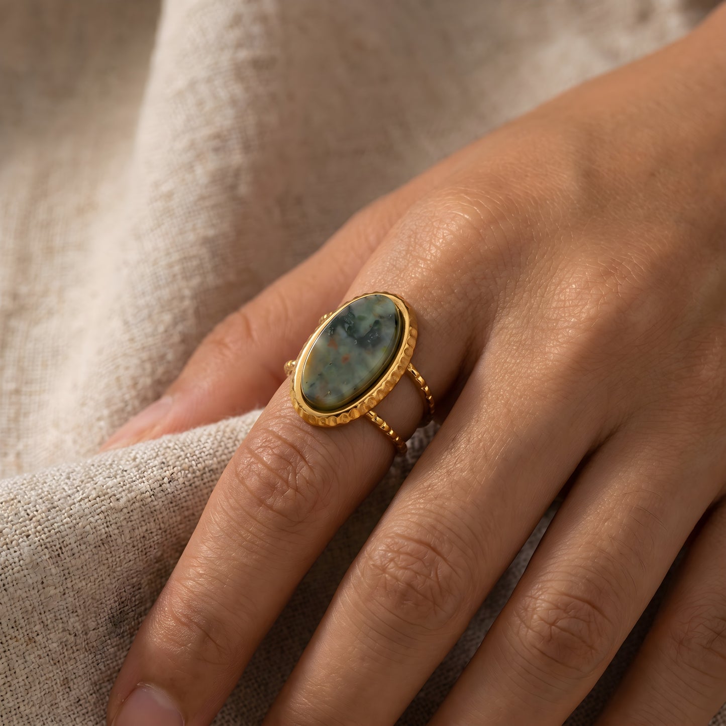Green Jasper Adjustable Double Ring