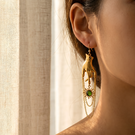 Golden Hand Sunburst Chain Earrings