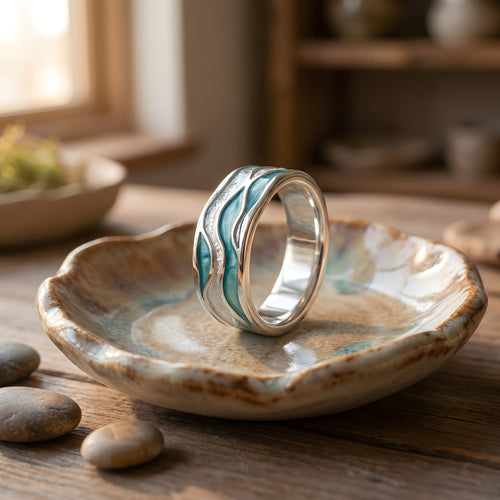 Elegant Turquoise Silver Waves Ring