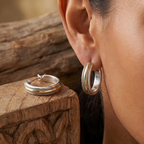 Vintage Golden Line Silver Hoop Earrings