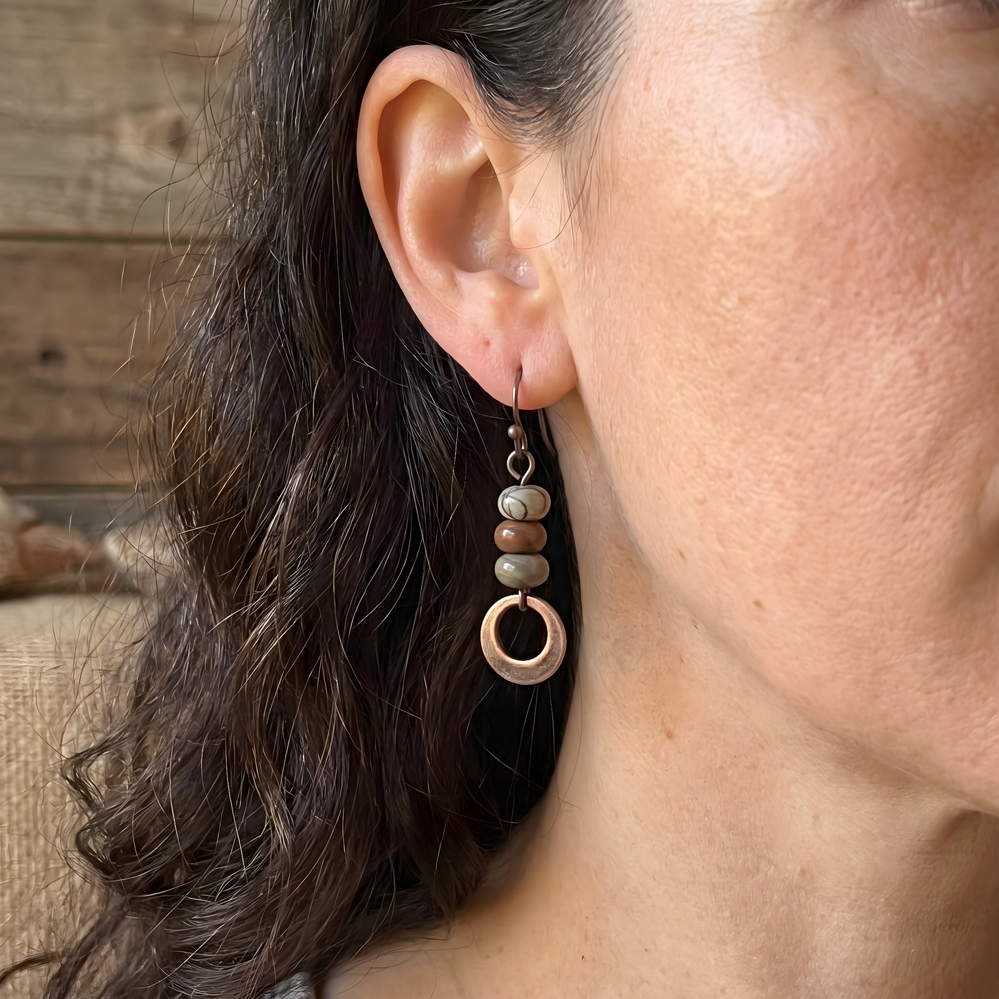 Rustic Stone Bead Hoop Earrings
