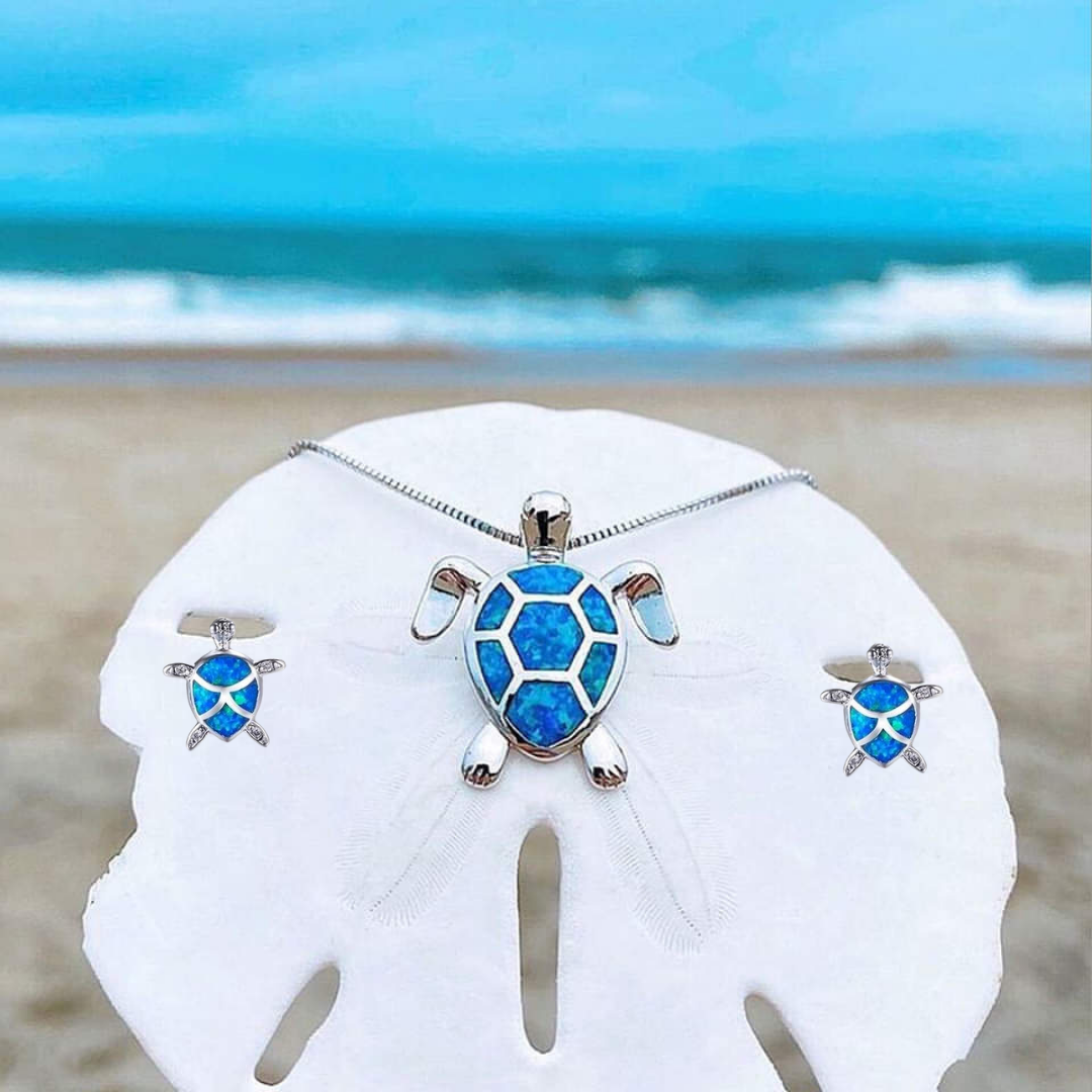 Sea Turtle Necklace + Earrings Set in Opal and Silver - emmy-rae-jewels.com