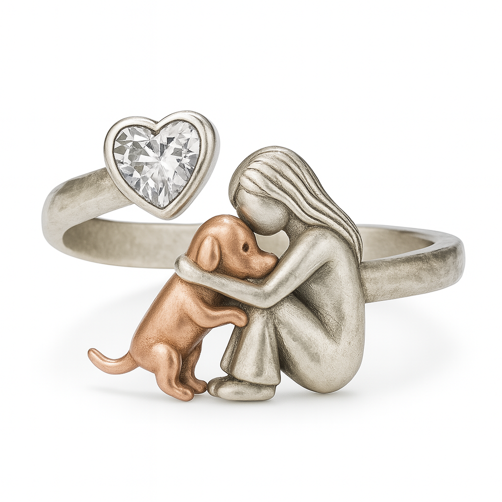 Handcrafted 925 Sterling Silver Dog Ring with Heart-Shaped Zirconia – Adjustable Fit - emmy-rae-jewels.com