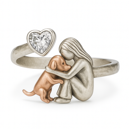 Handcrafted 925 Sterling Silver Dog Ring with Heart-Shaped Zirconia – Adjustable Fit - emmy-rae-jewels.com