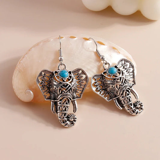 Vintage Elephant Drop Earrings Silver Bohemian - emmy-rae-jewels.com