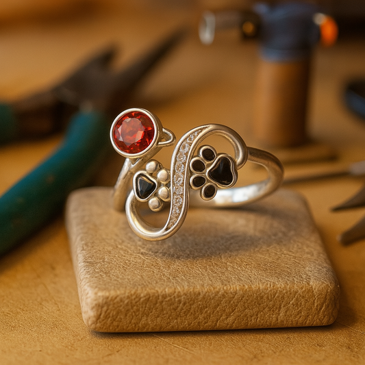 Black Paw Print Adjustable Ring With Red Gemstone - emmy-rae-jewels.com