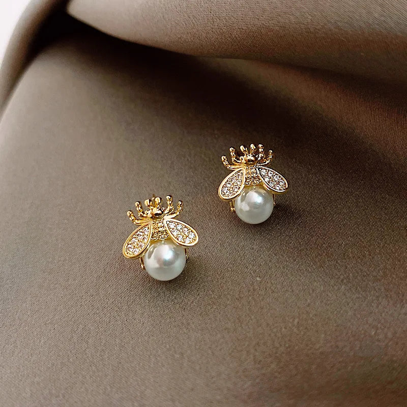 Honey Bee Pearl Stud Earrings – Elegant Gold-Tone Jewelry for Women - emmy-rae-jewels.com