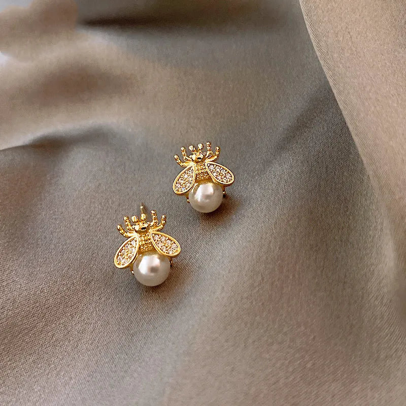 Honey Bee Pearl Stud Earrings – Elegant Gold-Tone Jewelry for Women - emmy-rae-jewels.com