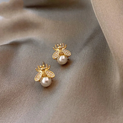 Honey Bee Pearl Stud Earrings – Elegant Gold-Tone Jewelry for Women - emmy-rae-jewels.com