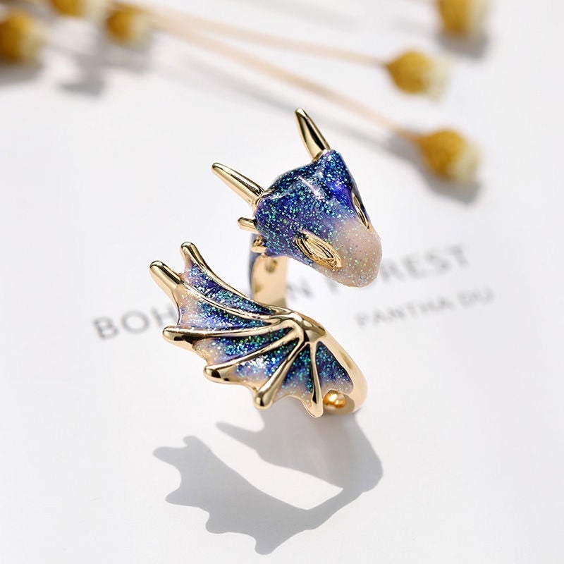 Adjustable Dragon Ring in Silver and Hand Painted Enamel - emmy-rae-jewels.com