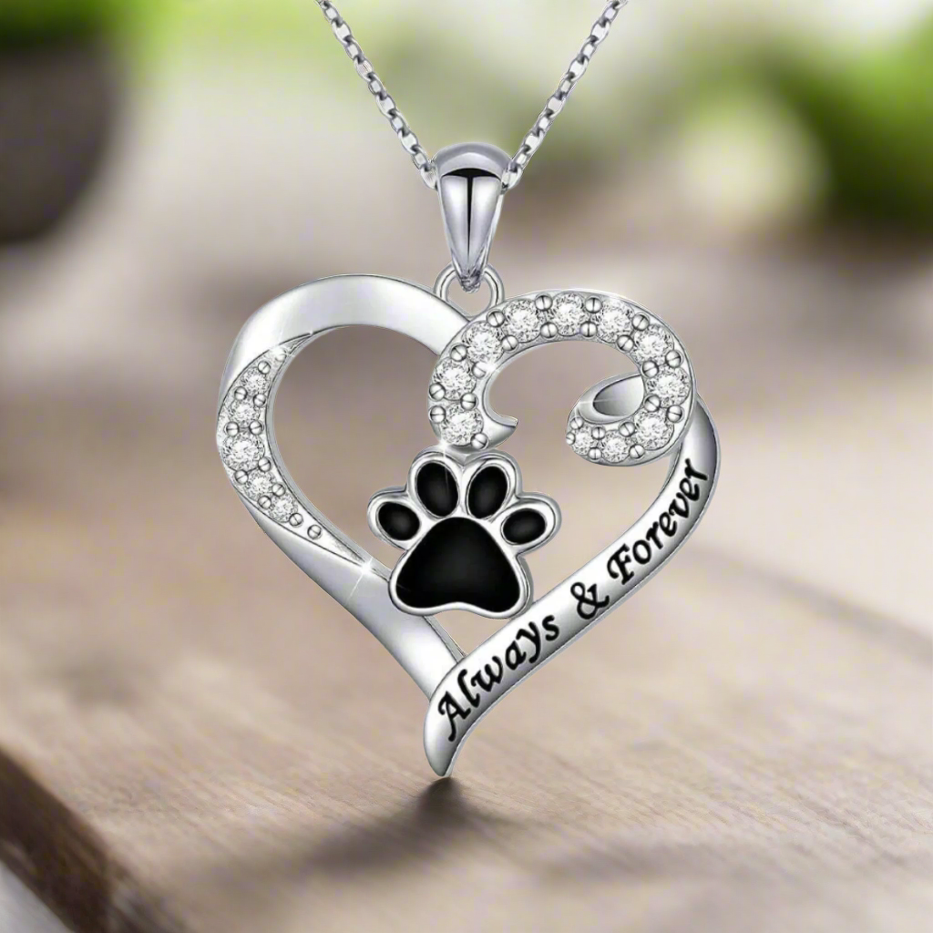 Dog Paw Necklace – Heart Design in Stainless Steel with Zirconia - emmy-rae-jewels.com