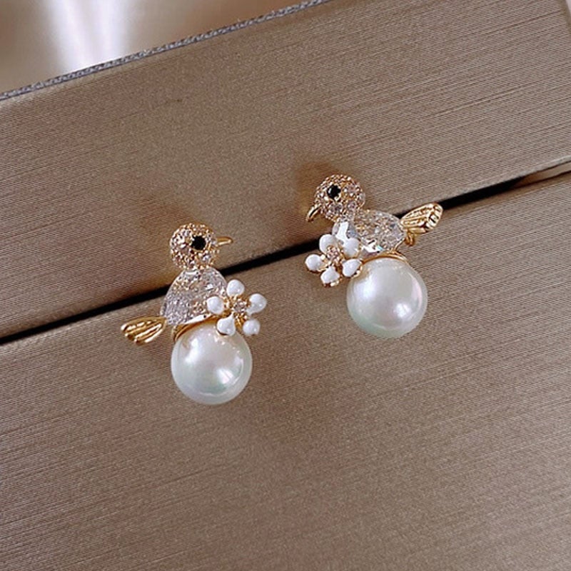Luxury Birdie Earrings in Cubic Zirconia and Pearl Inlay - emmy-rae-jewels.com