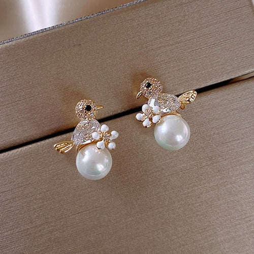Luxury Birdie Earrings in Cubic Zirconia and Pearl Inlay - emmy-rae-jewels.com