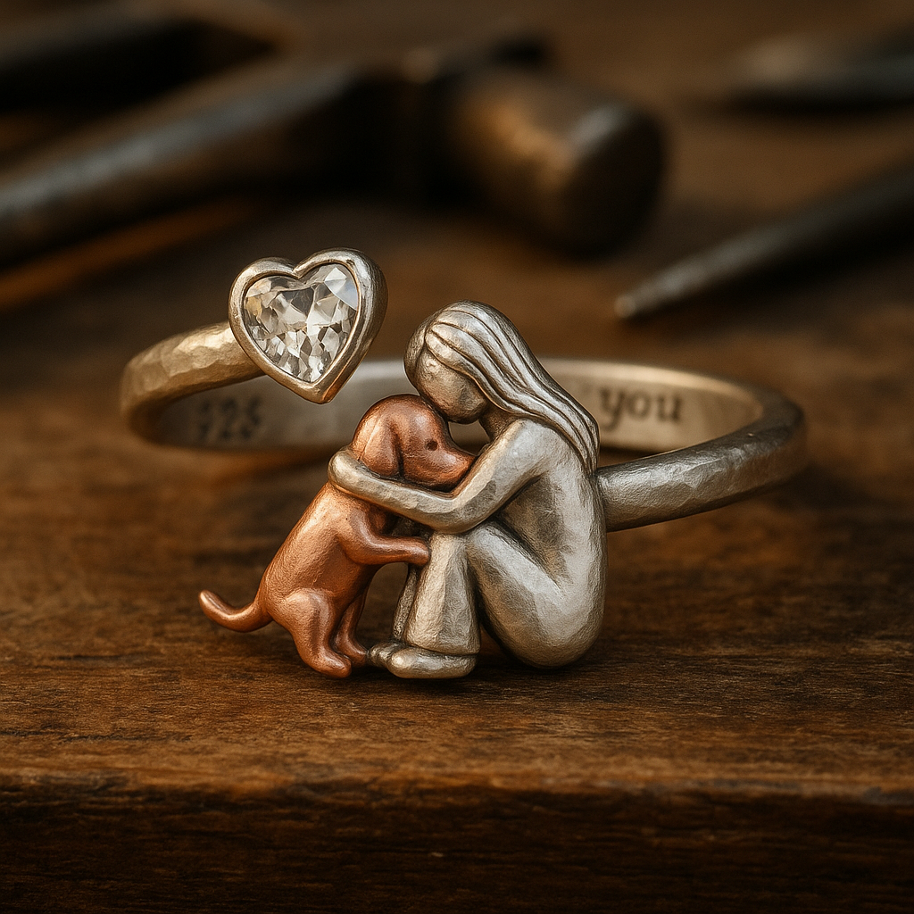 Handcrafted 925 Sterling Silver Dog Ring with Heart-Shaped Zirconia – Adjustable Fit - emmy-rae-jewels.com