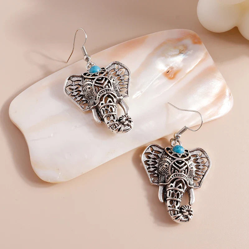Vintage Elephant Drop Earrings Silver Bohemian - emmy-rae-jewels.com