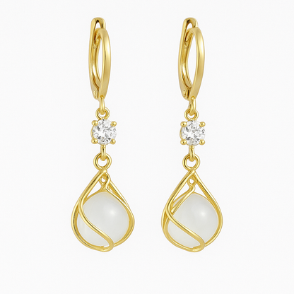 Gold Wire Wrapped White Opal Drop Earrings