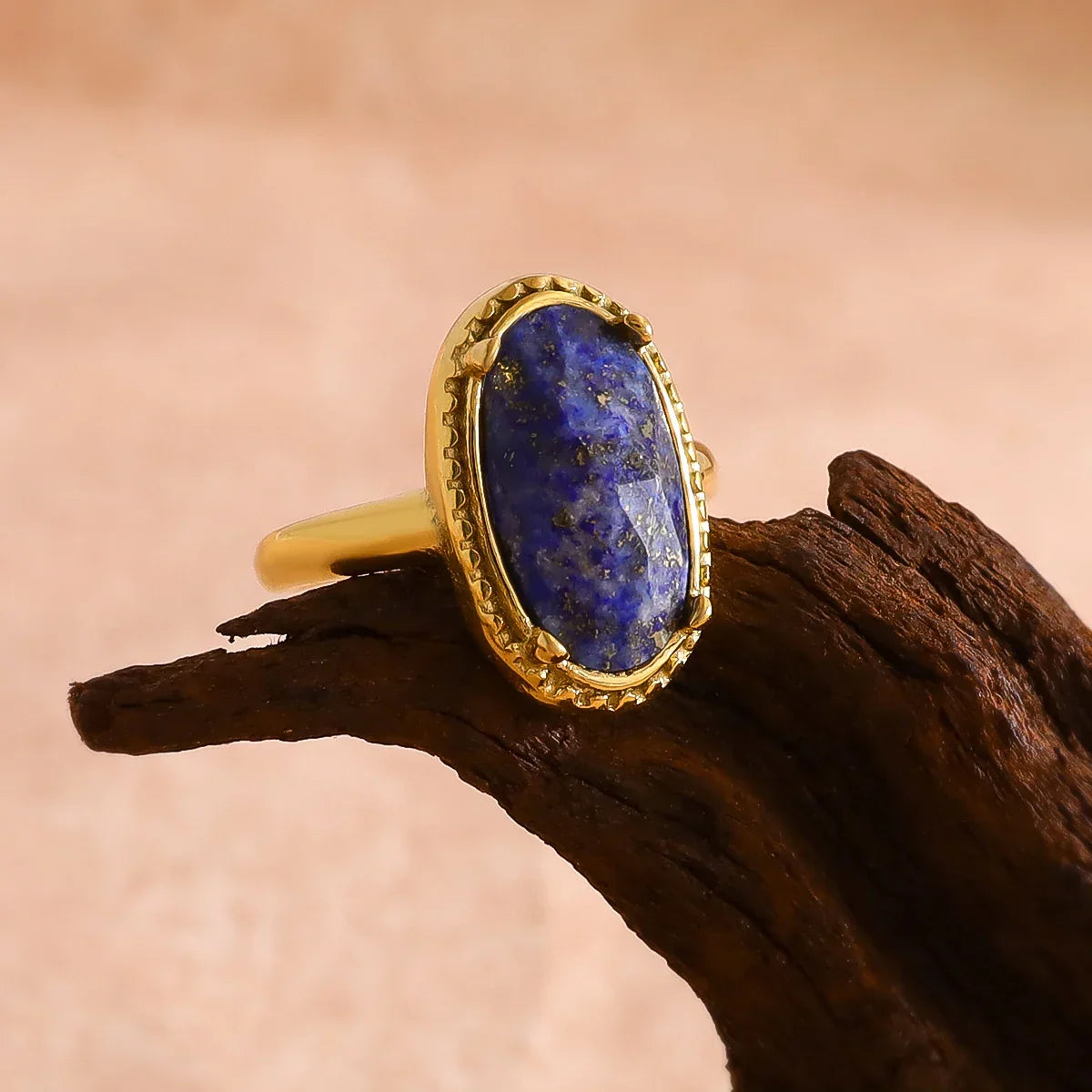 Golden Adjustable Ring with Lapis Azul Stone - emmy-rae-jewels.com