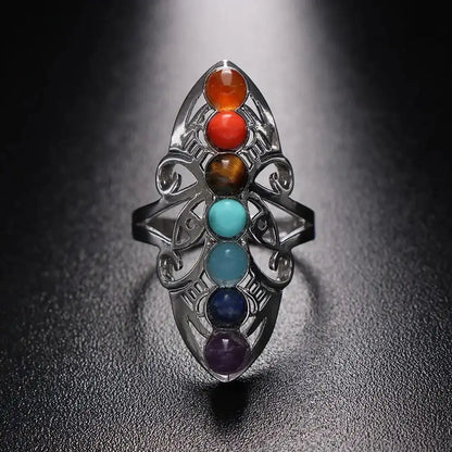 Chakra Seven Stone Adjustable Silver Ring