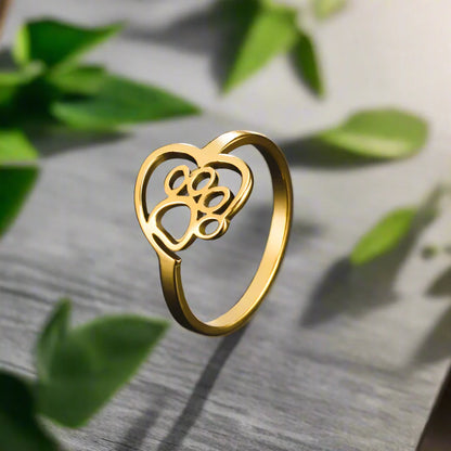 Gold-Tone Paw & Heart Ring – Stainless Steel Jewelry for Pet Lovers - emmy-rae-jewels.com