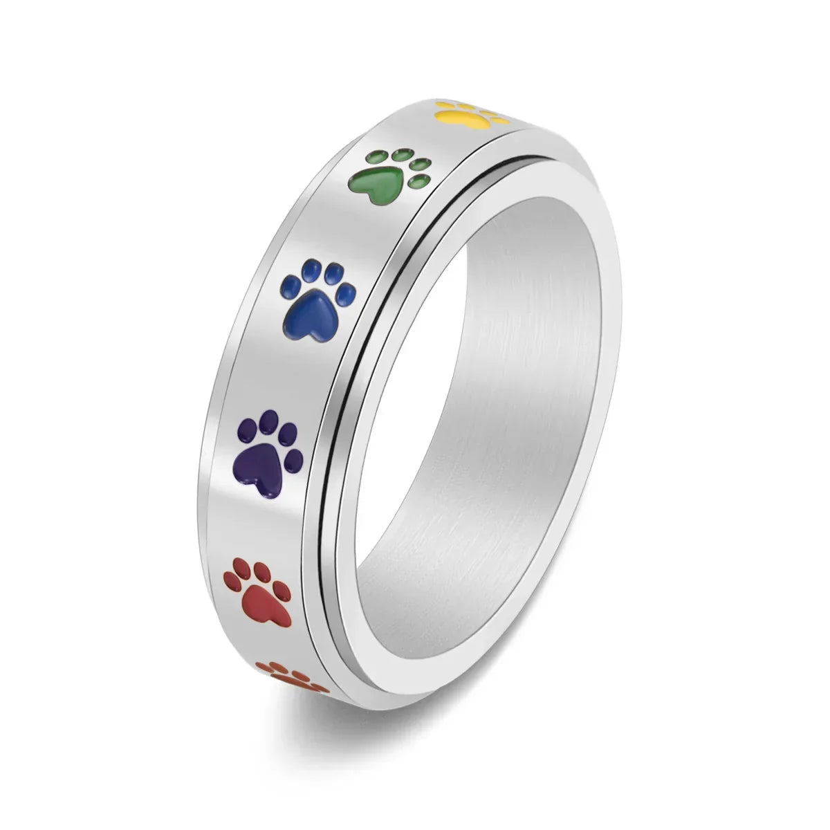 Spinning Stress Reducing Paw Ring – Stainless Steel with Rainbow Paws - emmy-rae-jewels.com