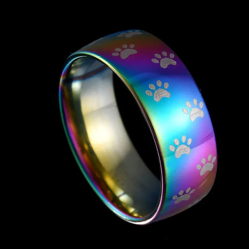 Handmade Rainbow Stainless Steel Paw Print Ring - emmy-rae-jewels.com