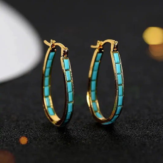 Classic Gold Inlaid Turquoise Hoop Earrings