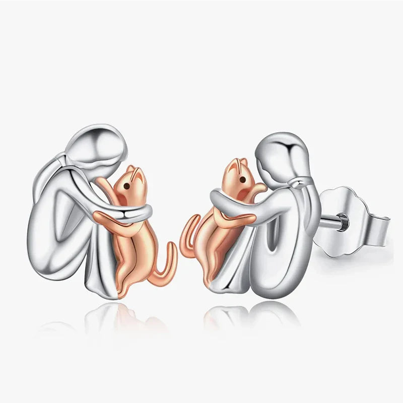 Silver and Gold Two-Tone Cat Hug Earrings - emmy-rae-jewels.com