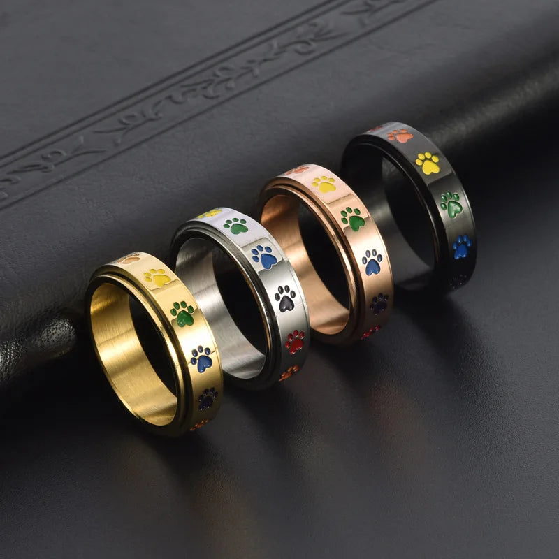 Spinning Stress Reducing Paw Ring – Stainless Steel with Rainbow Paws - emmy-rae-jewels.com