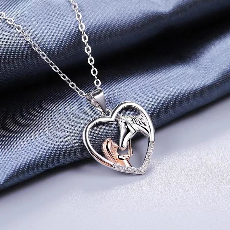 Beautiful Heart Zircon Girl and Horse Necklace - emmy-rae-jewels.com