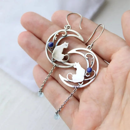 Moonlight Cat Earrings – Vintage Crescent Design with Lapis Lazuli Gemstone - emmy-rae-jewels.com