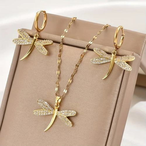 Gold Dragonfly Jewelry Necklace with Bonus Earrings - emmy-rae-jewels.com
