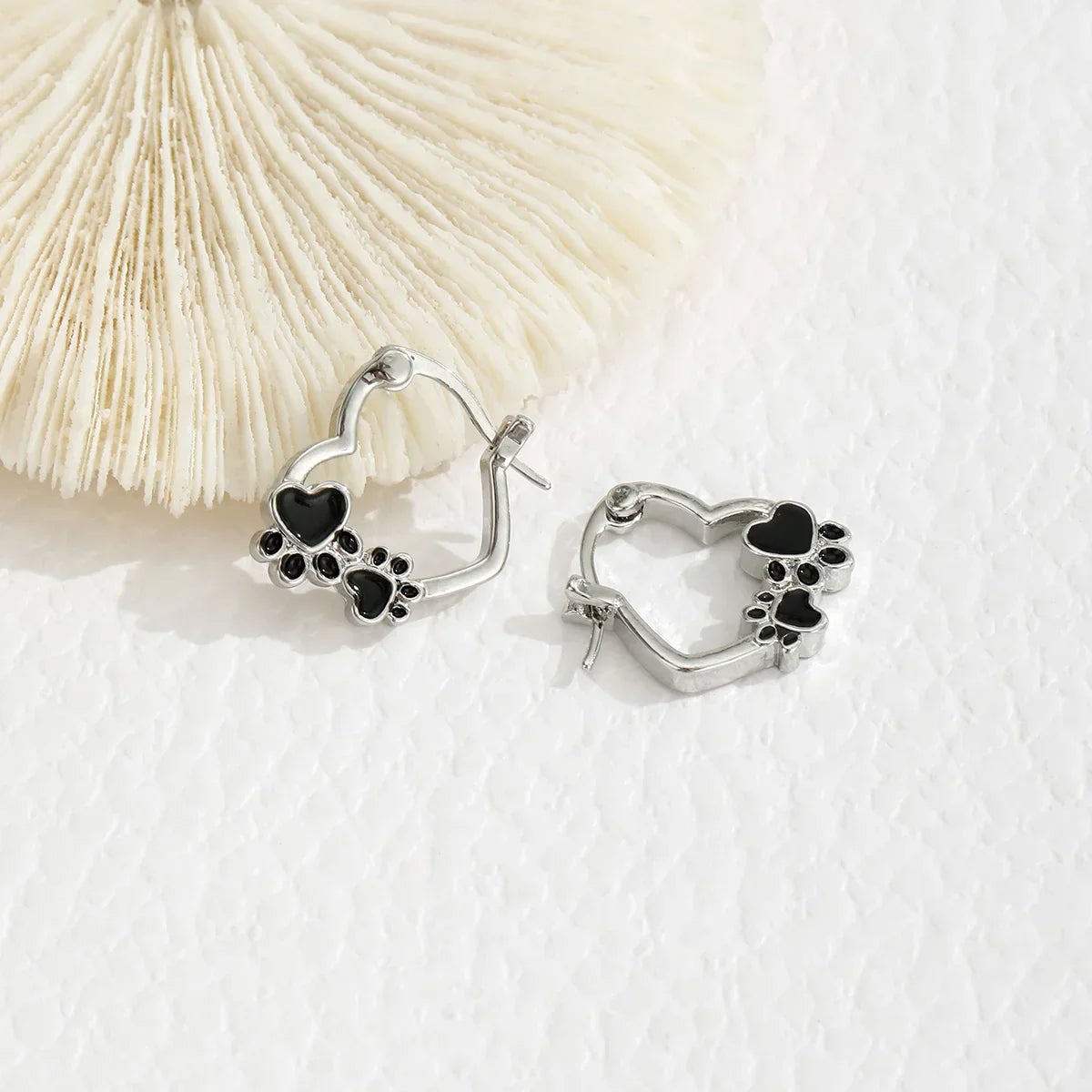Heart Paw Huggie Earrings with Black Enamel - emmy-rae-jewels.com