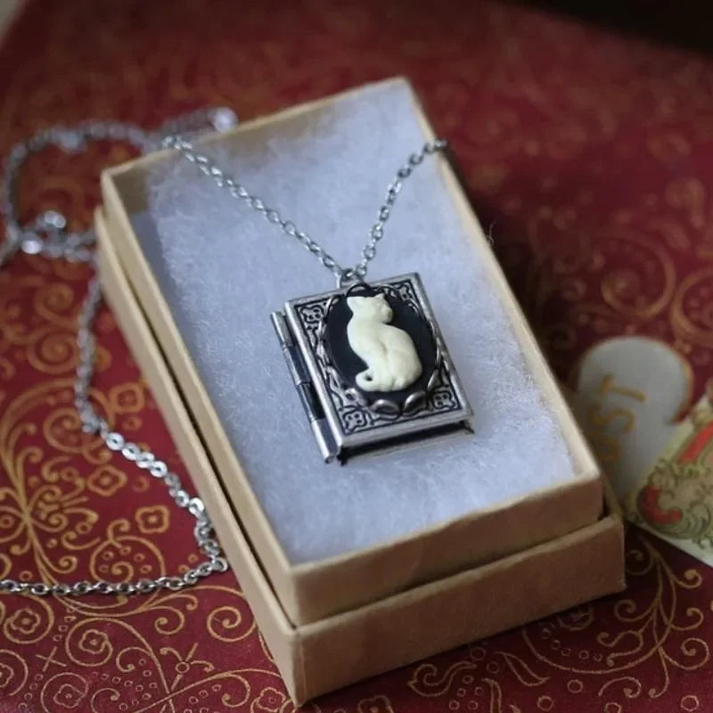 Vintage Cat Book Pendant Necklace – Rotating Page Design - emmy-rae-jewels.com