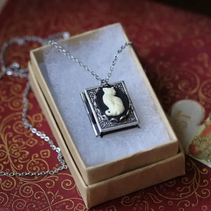 Vintage Cat Book Pendant Necklace – Rotating Page Design - emmy-rae-jewels.com
