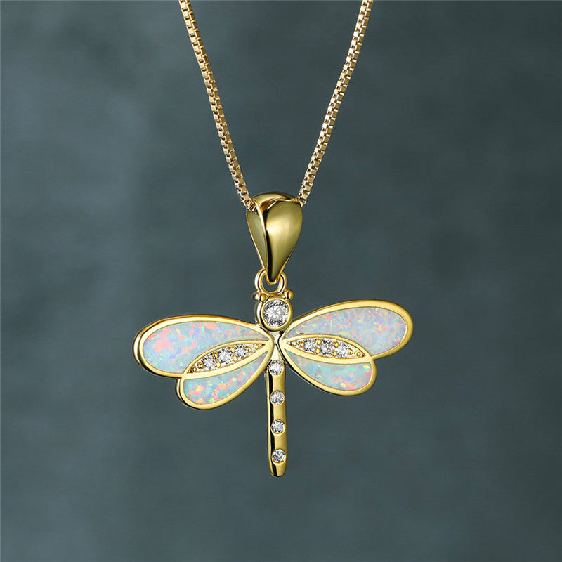 Dragonfly Necklace in Gold with Opal - emmy-rae-jewels.com