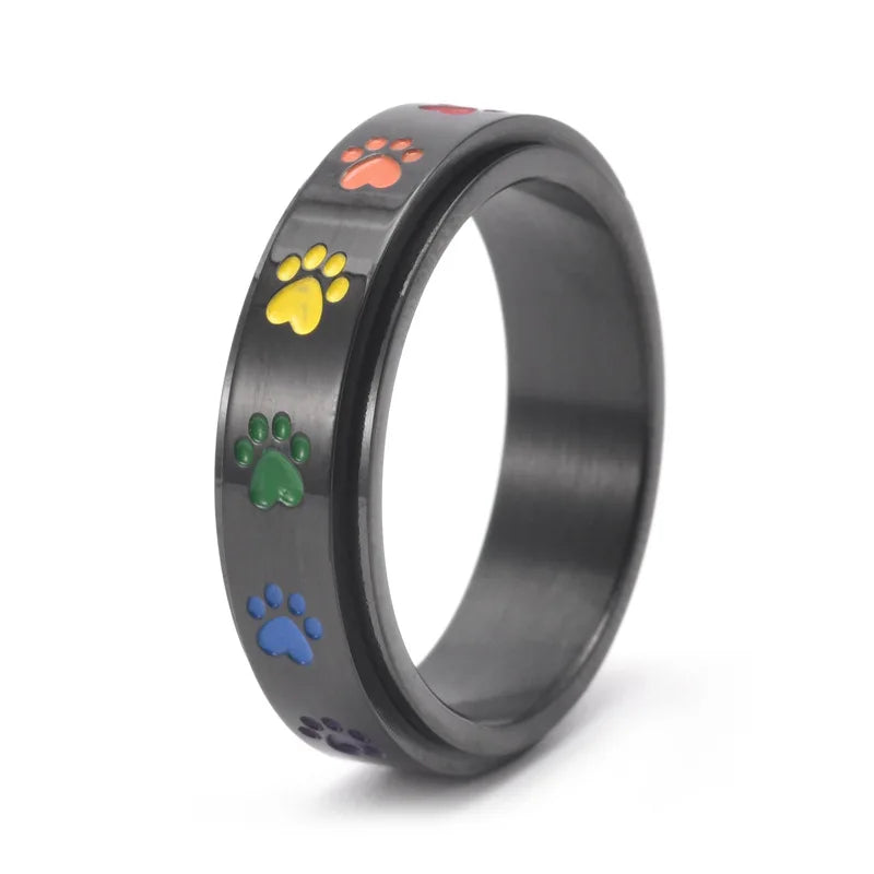 Spinning Stress Reducing Paw Ring – Stainless Steel with Rainbow Paws - emmy-rae-jewels.com