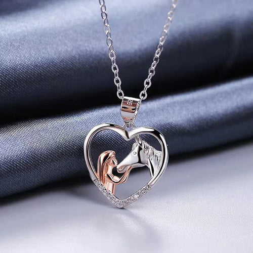 Beautiful Heart Zircon Girl and Horse Necklace - emmy-rae-jewels.com