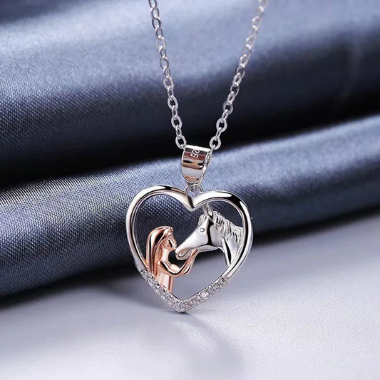 Beautiful Heart Zircon Girl and Horse Necklace - emmy-rae-jewels.com